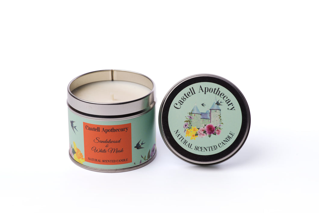 Castell Apothecary Sandalwood and White Musk Candle in a Tin